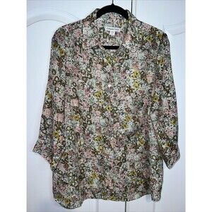 Coldwater Creek Top Button Up Womens Large Tan Brown Floral Sheer Lightweight